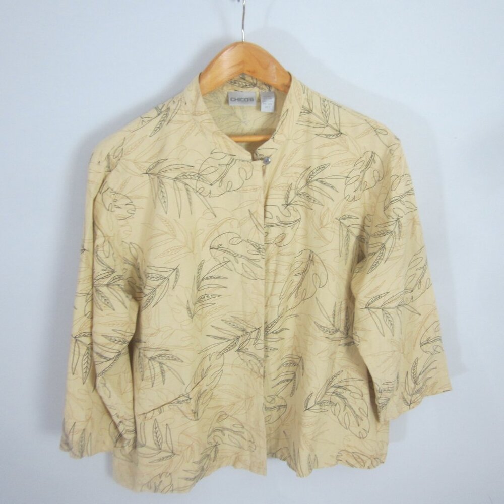 Chicos 3 Womens XL Yellow Black Floral Print Silk LInen 3/4 Sleeve Tunic Top